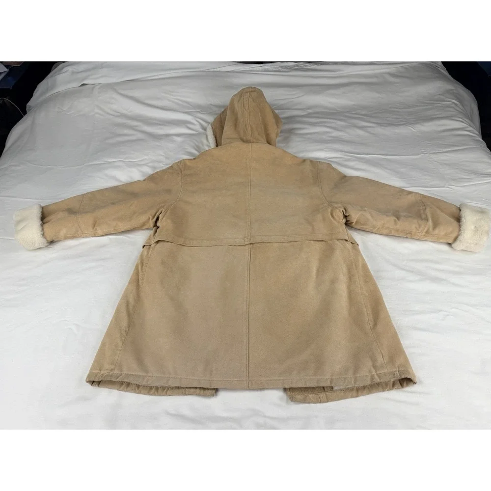 Vintage Marvin Richards Shearling Suede Leather Hooded Coat Womens L Tan